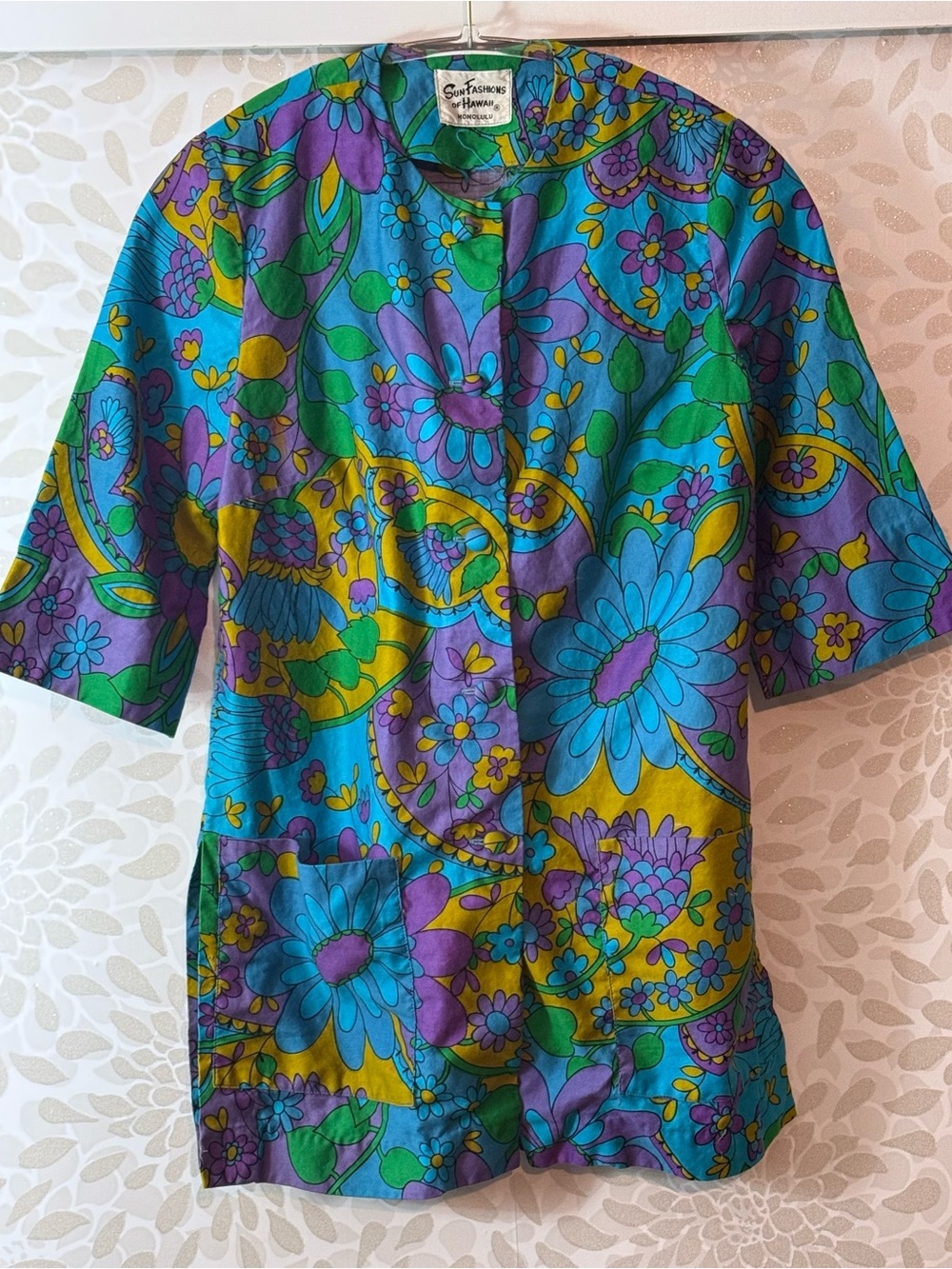 Vtg 70s Sun Fashions Of Hawaii Women’s S Flower Power Groovy Top Hippie Blouse